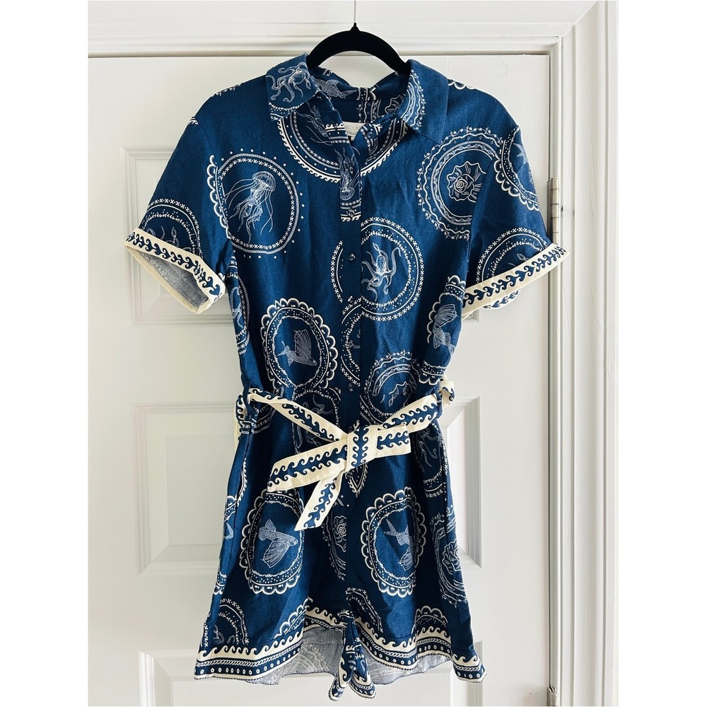 Caroline Constas Navy Blue Nautical Ocean Print Linen Romper Belted Size 2